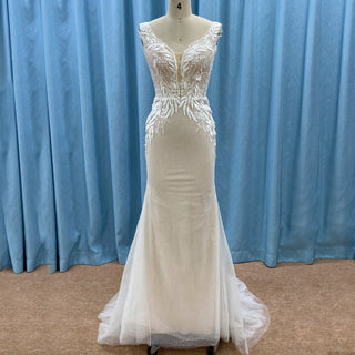 Trumpet Skirt Vneck Wedding Dress with Low Open Back for Bride