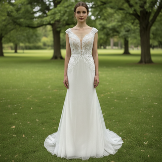 Mermaid Skirt Vneck Wedding Dress with Low Open Back for Bride