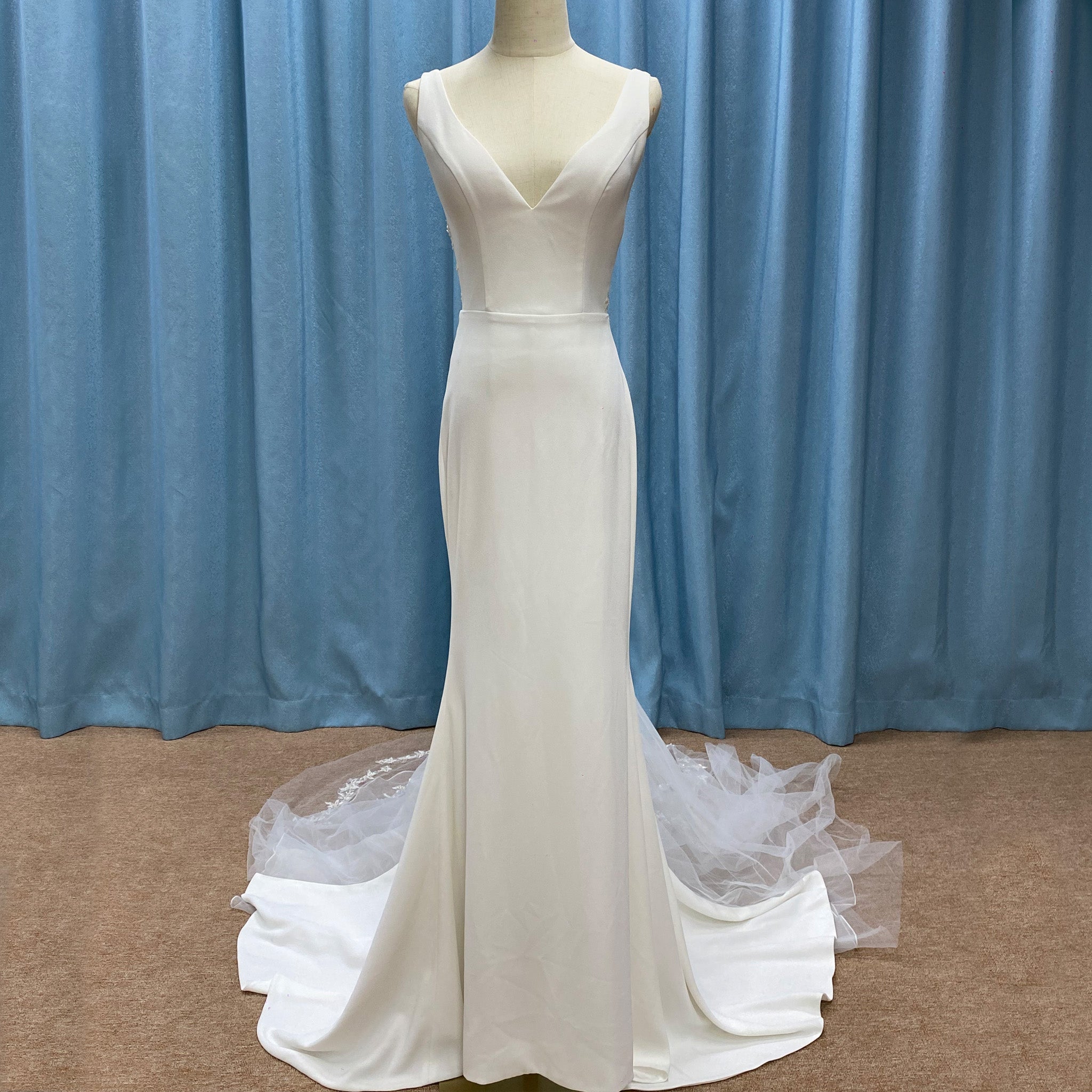 Classic Simple Vneck Fit and Flare Wedding Dress with Low Open Back White / 16 Classic Simple Vneck Fit and Flare Wedding Dress with Low Open Back White / 16