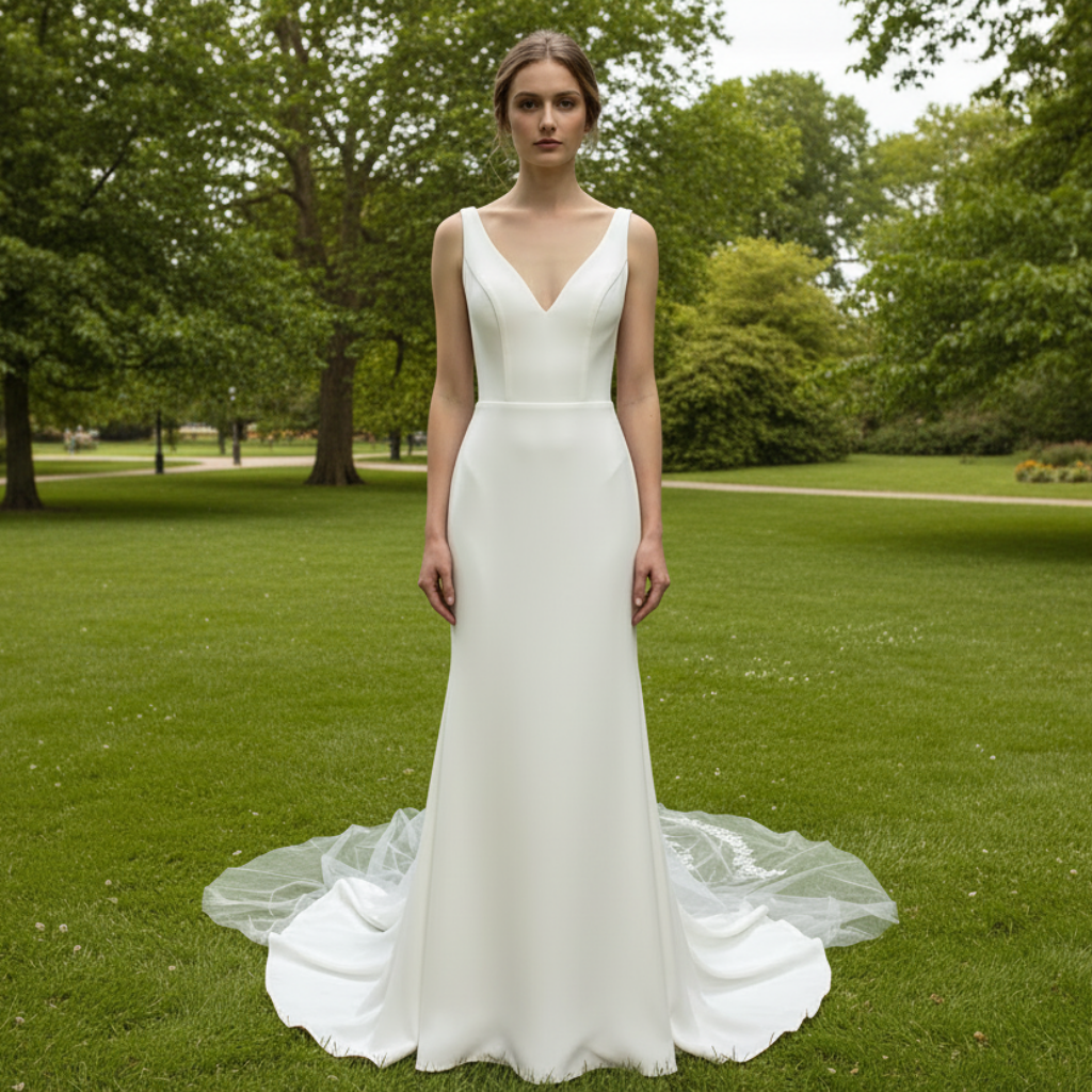 Classic Simple Vneck Fit and Flare Wedding Dress with Low Open Back Rosymae Classic Simple Vneck Fit and Flare Wedding Dress with Low Open Back Rosymae