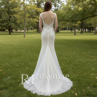 Mermaid Skirt Vneck Wedding Dress with Low Open Back for Bride