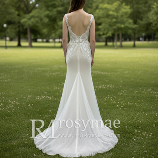 Mermaid Skirt Vneck Wedding Dress with Low Open Back for Bride