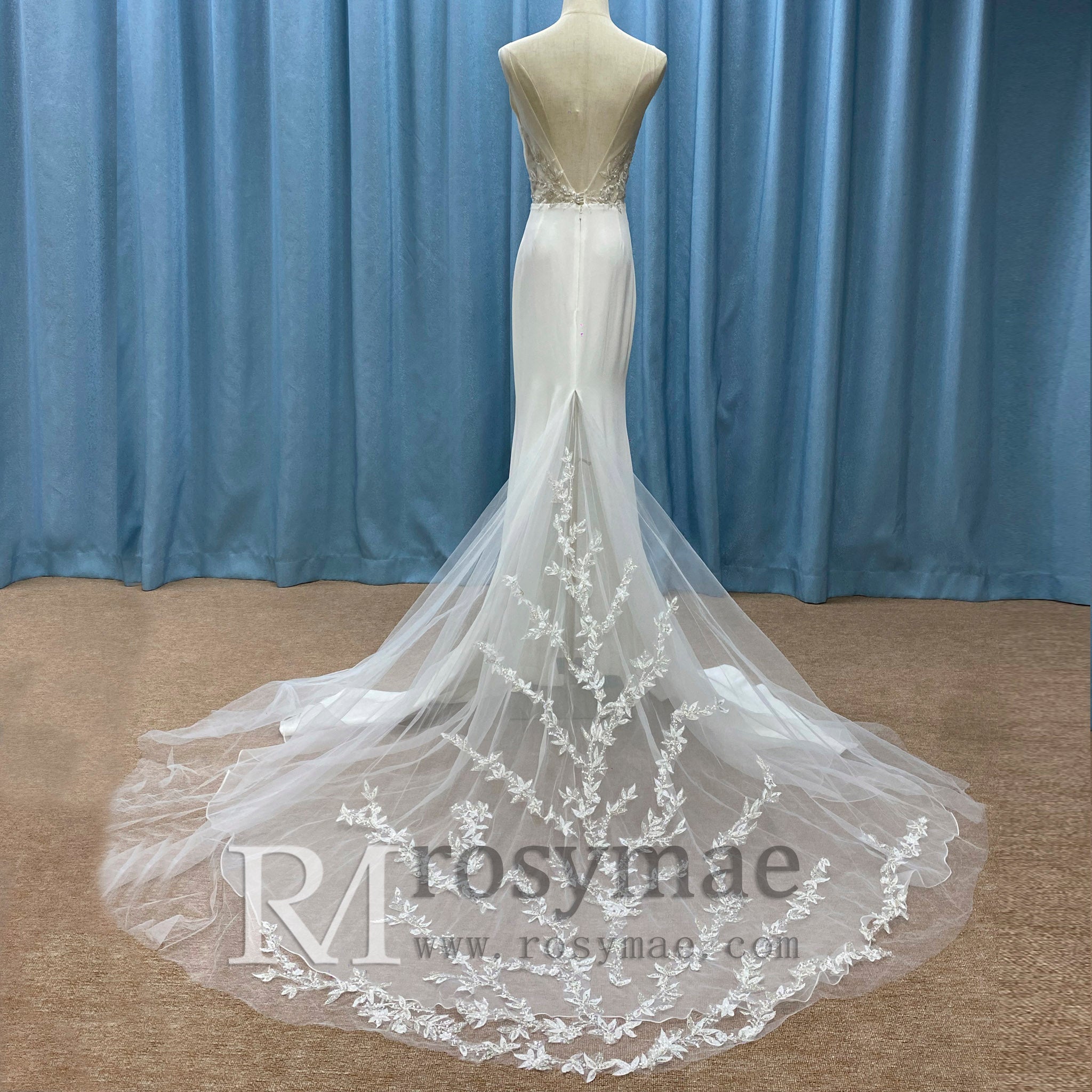 Classic Simple Vneck Fit and Flare Wedding Dress with Low Open Back White / 16 Classic Simple Vneck Fit and Flare Wedding Dress with Low Open Back White / 16