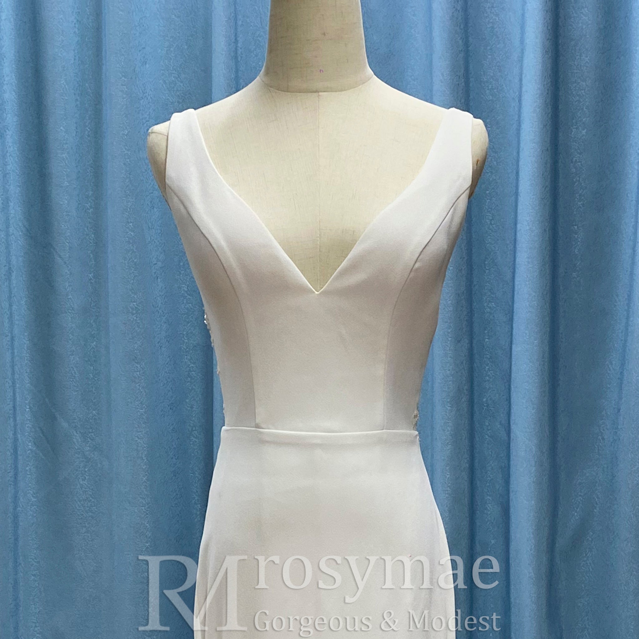 Classic Simple Vneck Fit and Flare Wedding Dress with Low Open Back Rosymae Classic Simple Vneck Fit and Flare Wedding Dress with Low Open Back Rosymae