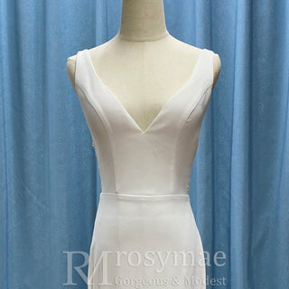 Classic Simple Vneck Fit and Flare Wedding Dress with Low Open Back