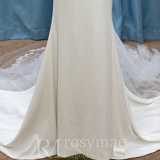 Classic Simple Vneck Fit and Flare Wedding Dress with Low Open Back