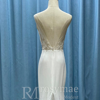 Classic Simple Vneck Fit and Flare Wedding Dress with Low Open Back