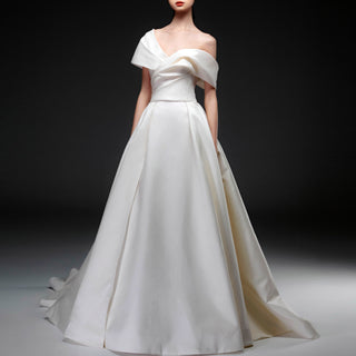 Modest Satin Plain Wedding Dress with Capped Sleeves