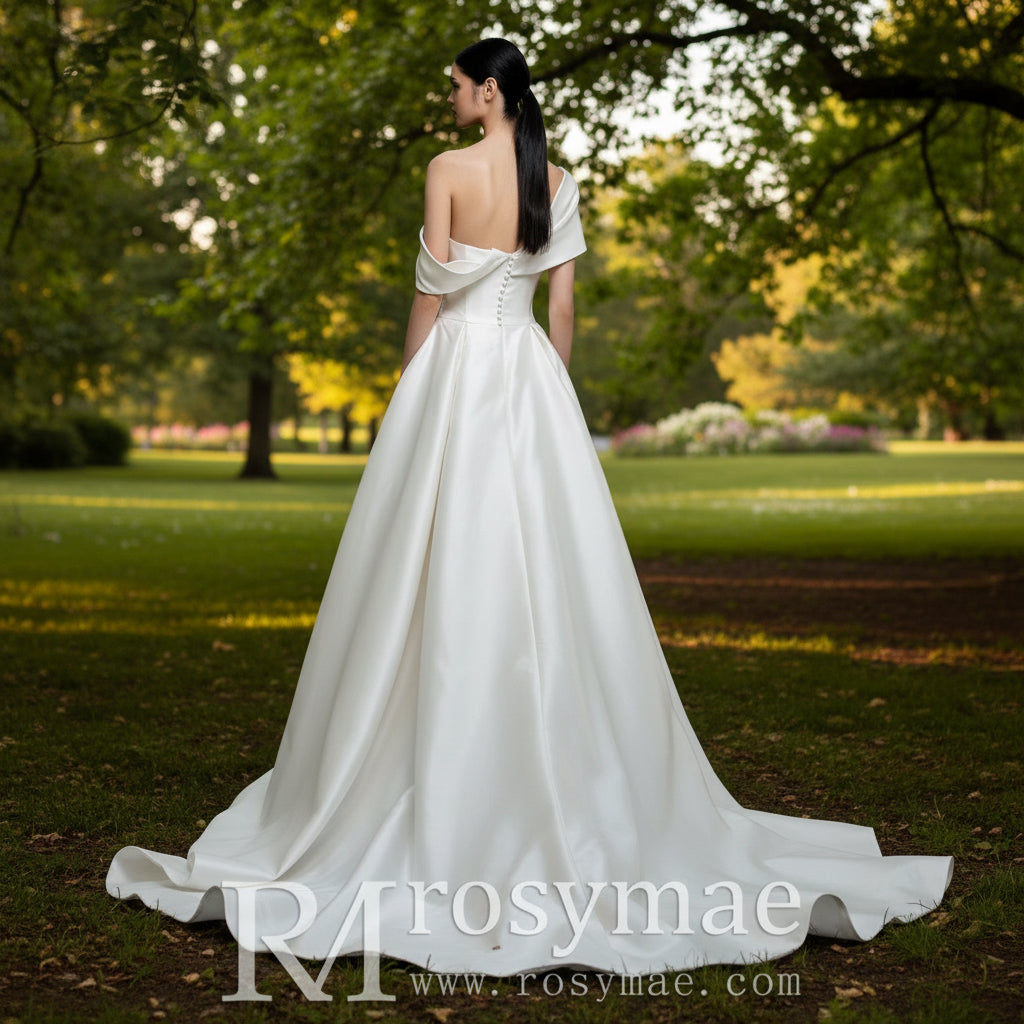 Modest Satin Plain Wedding Dress with Capped Sleeves White / 30W Modest Satin Plain Wedding Dress with Capped Sleeves White / 30W
