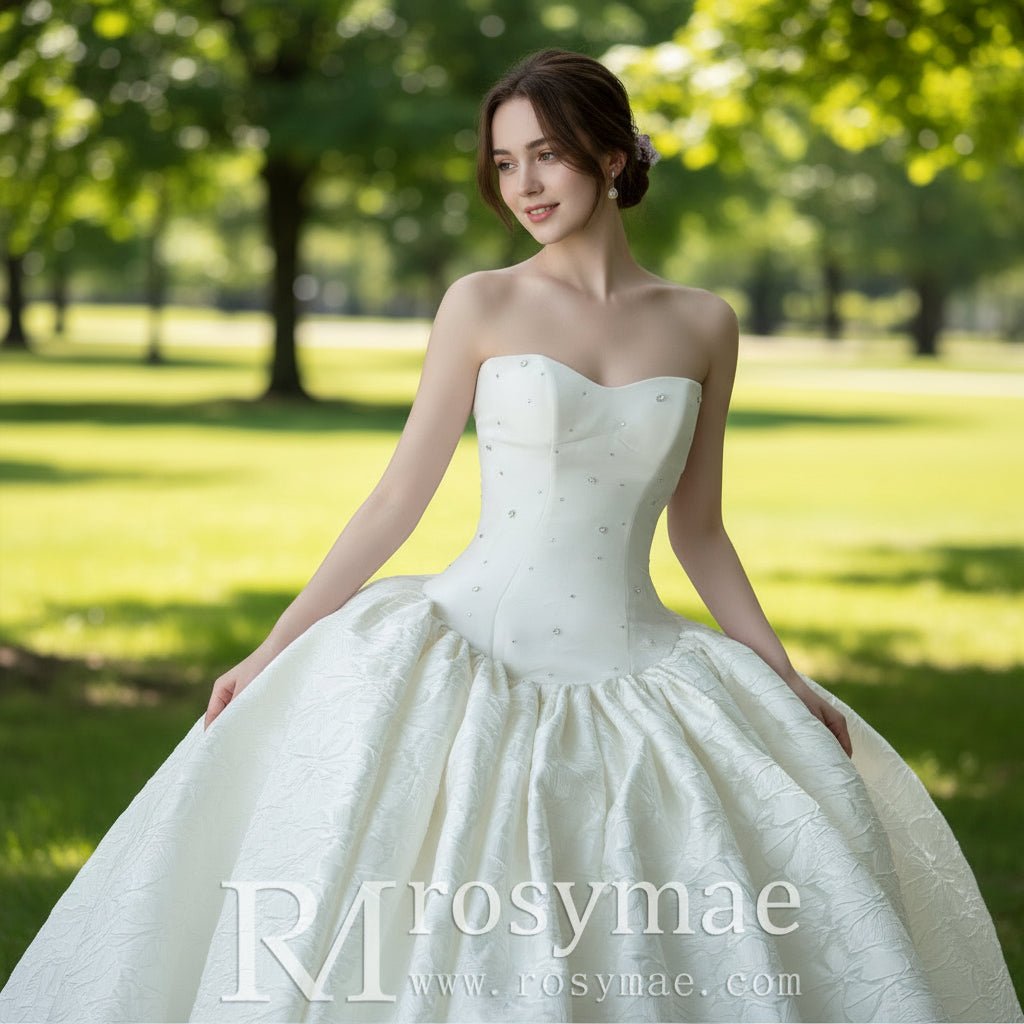 Pleated Ball Gown Luxury jacquard weave Wedding Dress - Rosymae