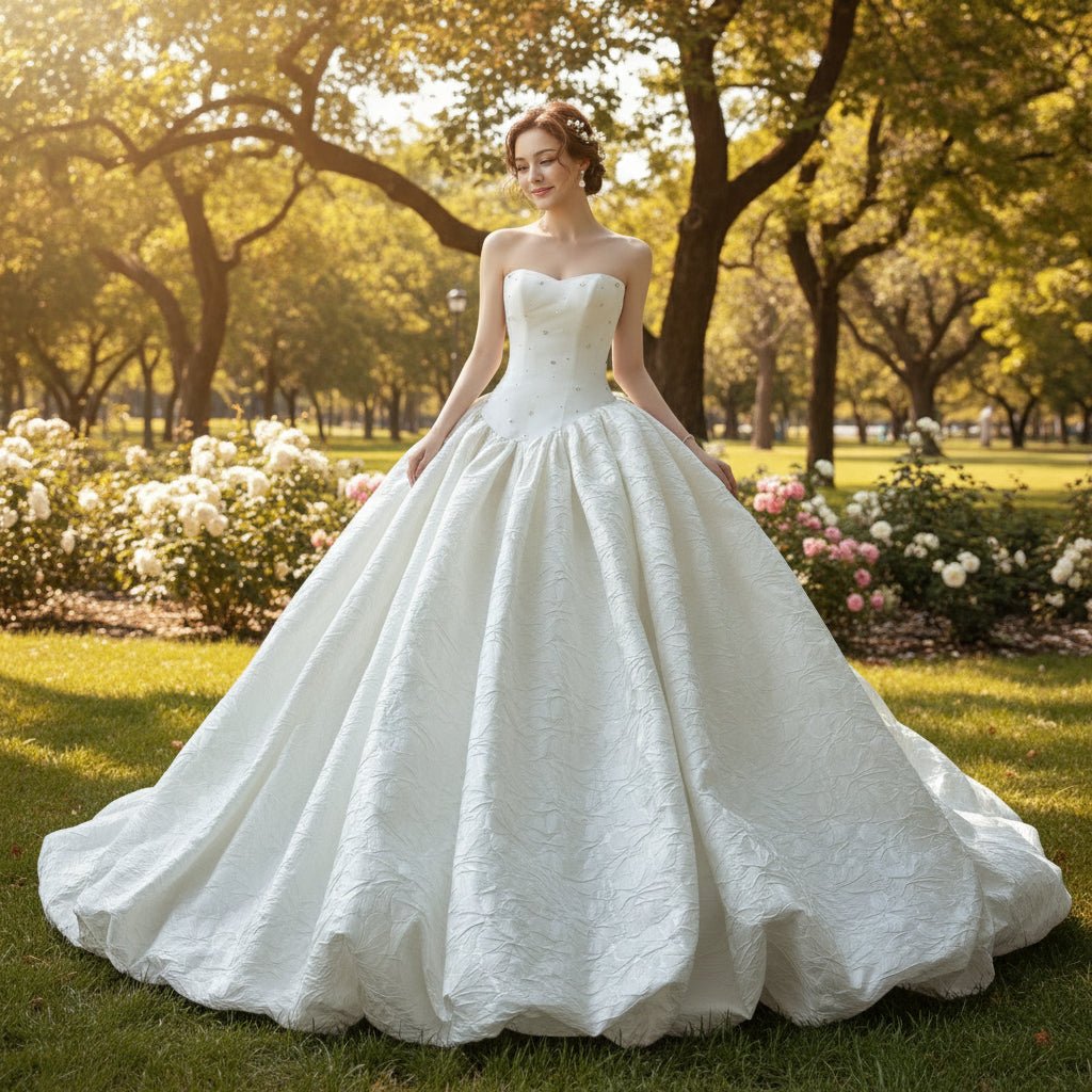 Pleated Ball Gown Luxury jacquard weave Wedding Dress - Rosymae