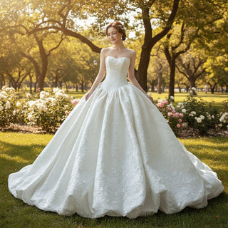 Pleated Ball Gown Luxury jacquard weave Wedding Dress - Rosymae