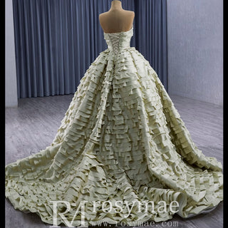 Pleated Olive Wedding Dress Detachable Long Sleeve Formal Gown - Rosymae