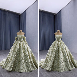 Pleated Olive Wedding Dress Detachable Long Sleeve Formal Gown - Rosymae