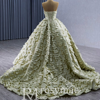 Pleated Olive Wedding Dress Detachable Long Sleeve Formal Gown - Rosymae