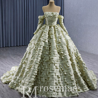 Pleated Olive Wedding Dress Detachable Long Sleeve Formal Gown - Rosymae