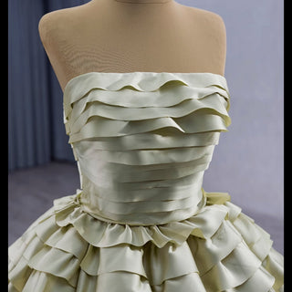 Pleated Olive Wedding Dress Detachable Long Sleeve Formal Gown - Rosymae