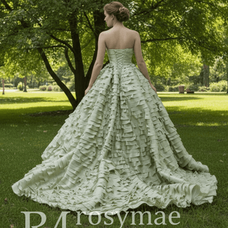 Pleated Olive Wedding Dress Detachable Long Sleeve Formal Gown - Rosymae