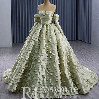 Pleated Olive Wedding Dress Detachable Long Sleeve Formal Gown - Rosymae