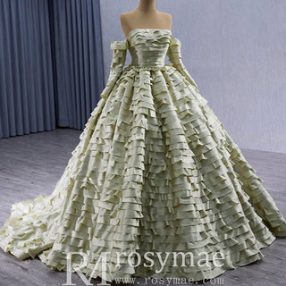 Pleated Olive Wedding Dress Detachable Long Sleeve Formal Gown - Rosymae