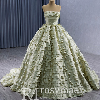Pleated Olive Wedding Dress Detachable Long Sleeve Formal Gown - Rosymae