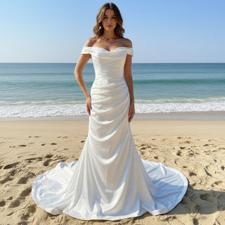 Simple Pleated Satin Mermaid Wedding Dress with Off the Shoulder