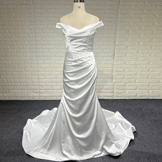 Simple Pleated Satin Mermaid Wedding Dress with Off the Shoulder