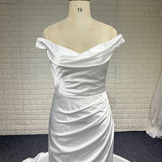 Simple Pleated Satin Mermaid Wedding Dress with Off the Shoulder