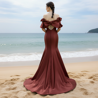 Gorgeous Plum Satin Mermaid Prom Dress with Off Sleeve