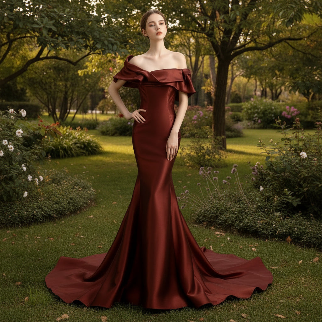 Gorgeous Plum Satin Mermaid Prom Dress with Off Sleeve Rosymae Gorgeous Plum Satin Mermaid Prom Dress with Off Sleeve Rosymae