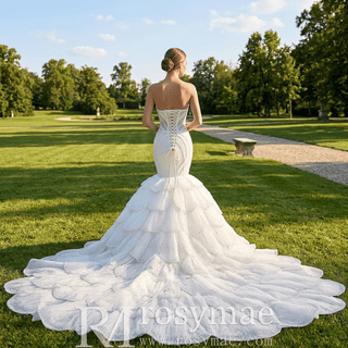 Plunge Sweetheart Pearl Beaded Mermaid Wedding Dress with Scalloped Petal Layers & 1.5-Meter Train