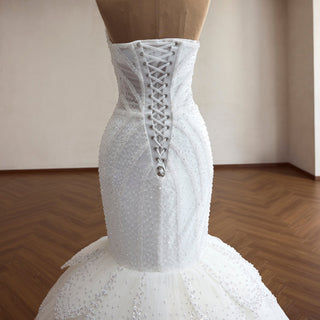 Plunge Sweetheart Pearl Beaded Mermaid Wedding Dress with Scalloped Petal Layers & 1.5-Meter Train