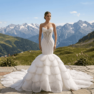 Plunge Sweetheart Pearl Beaded Mermaid Wedding Dress with Scalloped Petal Layers & 1.5-Meter Train