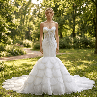 Plunge Sweetheart Pearl Beaded Mermaid Wedding Dress with Scalloped Petal Layers & 1.5-Meter Train