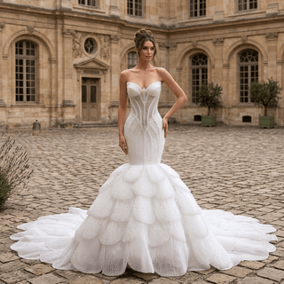 Plunge Sweetheart Pearl Beaded Mermaid Wedding Dress with Scalloped Petal Layers & 1.5-Meter Train