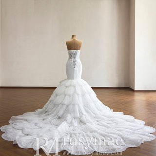 Plunge Sweetheart Pearl Beaded Mermaid Wedding Dress with Scalloped Petal Layers & 1.5-Meter Train