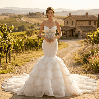 Plunge Sweetheart Pearl Beaded Mermaid Wedding Dress with Scalloped Petal Layers & 1.5-Meter Train