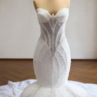 Plunge Sweetheart Pearl Beaded Mermaid Wedding Dress with Scalloped Petal Layers & 1.5-Meter Train