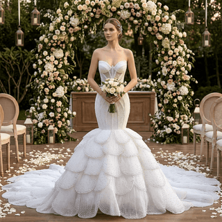 Plunge Sweetheart Pearl Beaded Mermaid Wedding Dress with Scalloped Petal Layers & 1.5-Meter Train