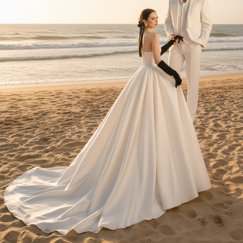 Classic A Line Satin Wedding Dress with spaghetti Straps Rosymae Classic A Line Satin Wedding Dress with spaghetti Straps Rosymae