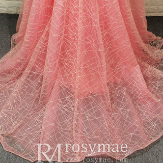 A Line V Neck Open Back Pink Tulle Prom Dress with Open Back