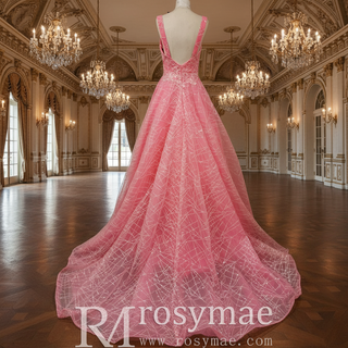 Elegant A Line V Neck Tank Sleeve Pink Tulle Prom Dress with Open Back
