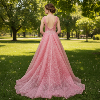 Elegant A Line V Neck Tank Sleeve Pink Tulle Prom Dress with Open Back