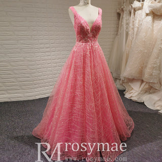 A Line V Neck Open Back Pink Tulle Prom Dress with Open Back