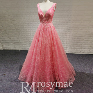 A Line V Neck Open Back Pink Tulle Prom Dress with Open Back