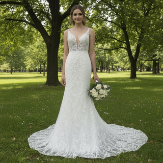 Plunging Deep V-neck Trumpet Floral Lace Wedding Dresses