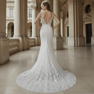 Plunging Deep V-neck Trumpet Floral Lace Wedding Dresses - Rosymae