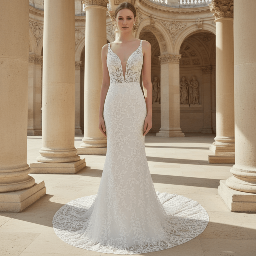 Plunging Deep V-neck Trumpet Floral Lace Wedding Dresses - Rosymae