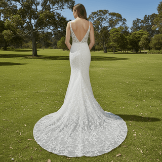 Plunging Deep V-neck Trumpet Floral Lace Wedding Dresses - Rosymae