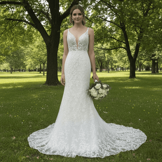 Plunging Deep V-neck Trumpet Floral Lace Wedding Dresses - Rosymae